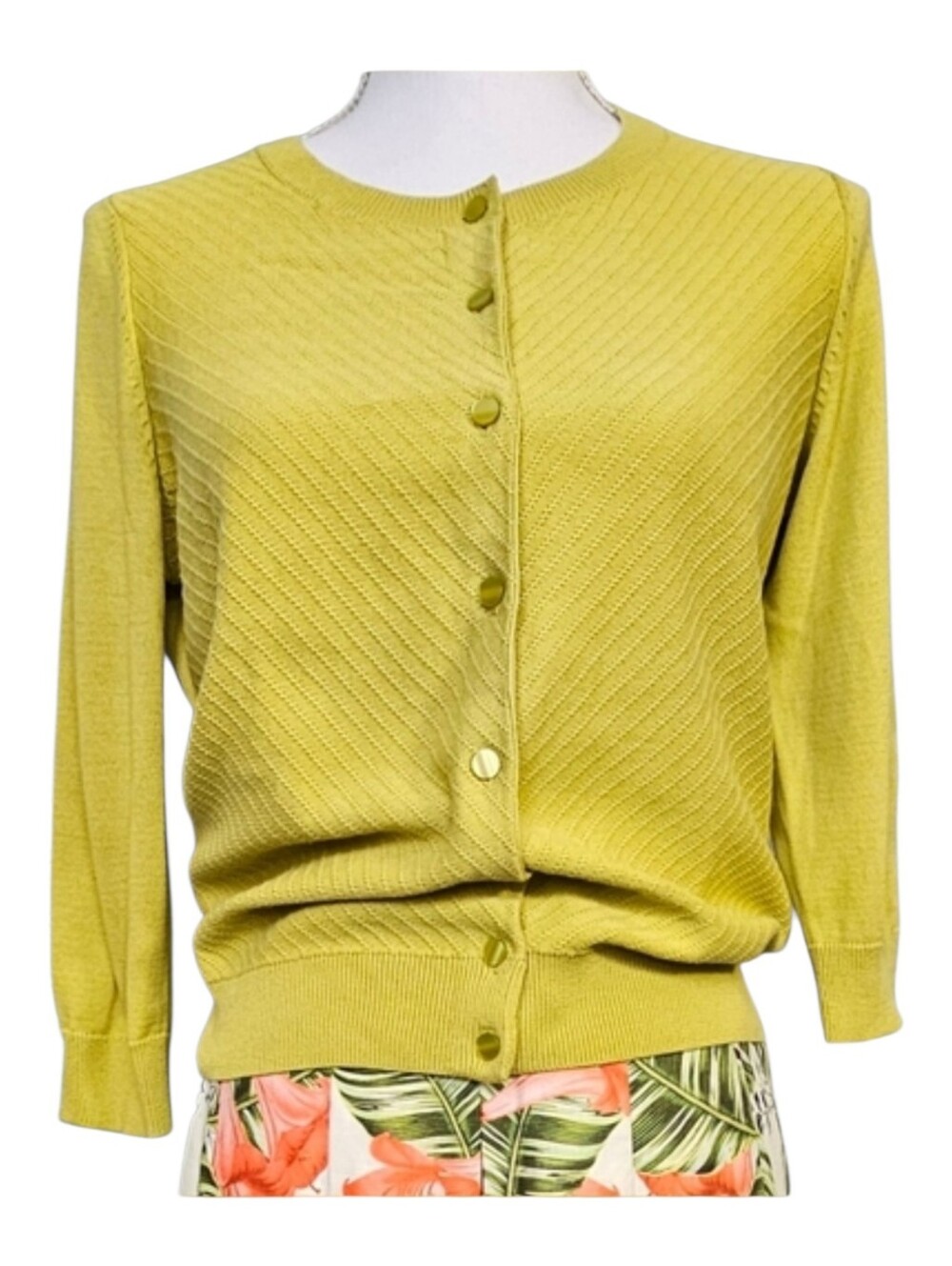 Talbot's Crew Neck Cardigan Lime Green Chartreuse Texturized Knit Women Size SP